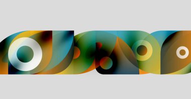 Üst üste binen daireler, canlı renkler, akışkan şekiller içeren soyut bileşim. Modern tasarım, dinamik görsel öğeler.