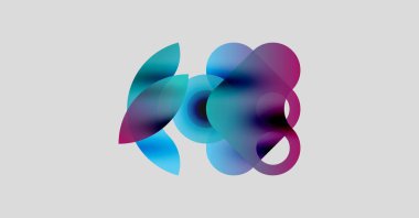 Soyut şekiller örtüşür, canlı renk karışımları yaratır. Yumuşak eğimler akıcılık, hareket ve modern tasarım estetiğini ortaya koyuyor..