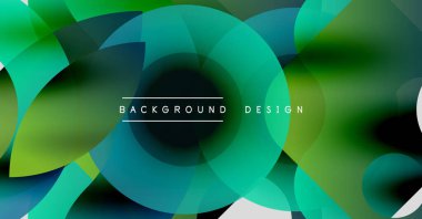 Soyut geometrik desen. Üst üste binen daireler dinamik görsel efekt yaratır. Yeşil, mavi renkler kompozisyona hakim. Modern tasarım ögesi.