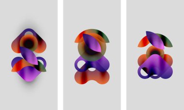 Soyut sanat eserleri. Üç panel, organik formlara benzeyen renkli örtüşen şekiller sergiliyor. Yumuşak eğimler derinlik yaratır. Minimalist tasarım.