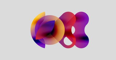 Soyut renkli şekiller örtüşür, dinamik görsel efekt yaratır. Yumuşak gradyanlar mor, turuncu ve pembe renkleri harmanlarlar. Minimalist tasarım.