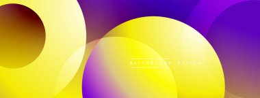 Soyut canlı tasarım, üst üste binen daireler, gradyanlar. Sarı, mor modern estetik yaratır. Metin arkaplan tasarımı okur.