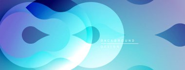 Soyut sıvı şekilleri, mavi renkler baskın gelir. Gradyan geçişler derinlik yaratır, modern tasarım unsuru. Minimalist estetik, pürüzsüz eğriler mevcut.