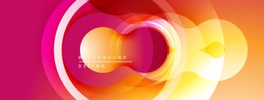 Soyut çemberler çakışıyor, canlı gradyanlar yaratıyor. Sıcak renkler tasarıma hükmediyor, enerji ve hareket izlenimi veriyor. Modern estetik.