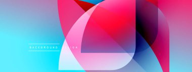 Soyut enerjik tasarım. Üst üste binen şekiller dinamik bileşim yaratır. Mavi, pembe, beyaz gradyanlar görsel alana hakim. Modern estetik.