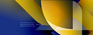 Soyut geometrik tasarım. Sarı, mavi eğimler katmanlı şekiller yaratır. Dijital projeler için modern arka plan uygun. Minimalist estetik.