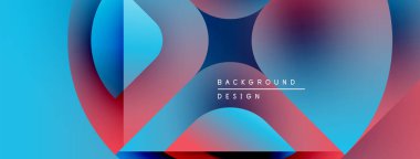 Soyut sıvı şekilleri canlı mavileri, kırmızıları harmanlıyor. Modern tasarım üst üste binen daireler, gradyanlar içerir. Metin arkaplan tasarımı okur.