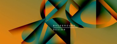 Soyut geometrik şekiller örtüşür, dinamik görsel efekt yaratır. Sıcak renkler deniz mavisi aksanıyla baskın gelir. Modern tasarım elemanları.