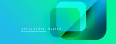 Soyut geometrik şekiller örtüşerek canlı mavi-yeşil gradyan oluşturur. Modern tasarım elementleri teknoloji, yenilik, tazelik öneriyor.