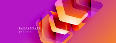 Soyut geometrik şekiller örtüşüyor, canlı mor, turuncu renkler yaratıyor. Modern tasarım elementleri akıcılık ve dinamizmi önerir.