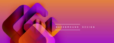Soyut geometrik şekiller örtüşür, canlı bir değişim etkisi yaratır. Turuncu, mor renkler kompozisyona hakim. Modern tasarım ögesi.