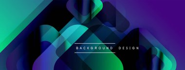 Soyut geometrik şekiller örtüşür, canlı gradyanlar yaratır. Mavi, yeşil, mor renkler tasarımda baskın. Modern estetik.