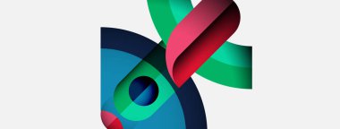 Soyut tasarım, üst üste binen canlı kurdeleler içerir. Renkler arasında deniz mavisi, yeşil, kırmızı, koyu mavi vardır. Minimalist kompozisyon, modern estetik.