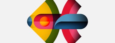 Soyut renkli tasarım, üst üste binen şekiller. Sarı, kırmızı, mavi, yeşil dinamik bileşim oluşturur. Modern grafik ögesi.