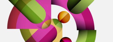 Üst üste binen renkli şekiller içeren soyut bir kompozisyon. Çemberler, kavisler, bölümler dinamik görsel etkileşim yaratır. Modern tasarım, canlı renkler.