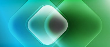 Soyut geometrik şekiller, parlayan mavi-yeşil gradyanlar. Yuvarlak kareler üst üste biniyor derinlik yaratıyor, ışık efektleri mevcut. Modern dijital tasarım.