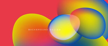 Soyut, enerjik çemberler çakışıyor, renkli gradyanlar yaratıyor. Kırmızı arka plan sarı ve mavi renkleri tamamlıyor. Modern tasarım ögesi.
