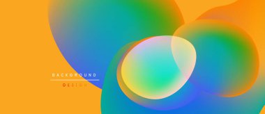 Soyut, enerjik şekiller örtüşüyor, renkli sıvı tasarımı yaratıyor. Turuncu, yeşil ve mavi renklerle arka plana hükmediyor. Modern estetik.