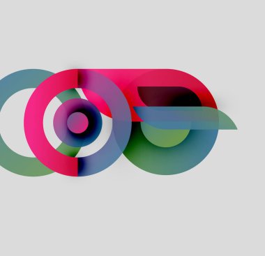 Soyut renkli çemberler, karmaşık görsel formlar yaratarak kesişir. Gradyan gölgeler harmanlanarak modern estetik sunuyor. Minimalist tasarım.