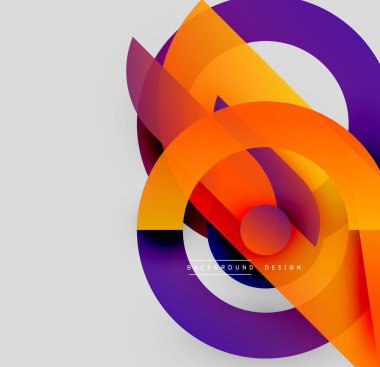 Soyut geometrik şekiller örtüşüyor, canlı turuncu ve mor renkler yaratıyor. Modern tasarım elementleri dinamik hareket, görsel enerji.