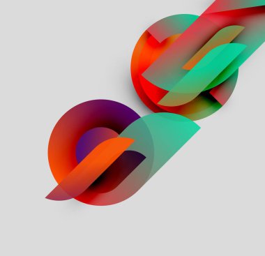 Soyut renkli şekiller örtüşür, dinamik bileşim yaratır. Gradyanlar turuncu, deniz mavisi ve mor renkleri harmanlarlar. Minimalist tasarım, modern estetik.