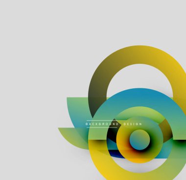 Soyut daireler örtüşüyor, canlı renk eğimleri yaratıyor. Modern tasarım elementleri dinamik görsel kompozisyon önerir.