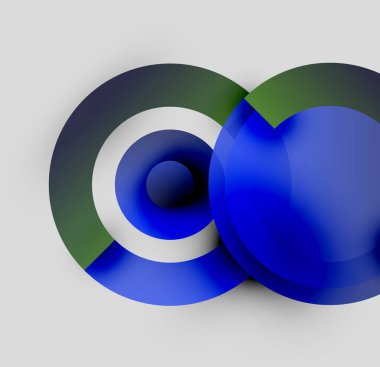 Soyut tasarım özellikleri üst üste biniyor. Mavi, yeşil, beyaz renkler derinlik yaratır. Minimalist kompozisyon, modern estetik. Yumuşak gradyanlar.