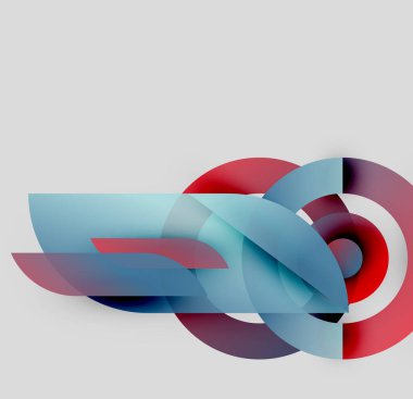 Soyut tasarım özellikleri üst üste binen eğri şekiller. Kırmızı, mavi, beyaz renkler dinamik görsel efekt yaratır. Minimalist kompozisyon.