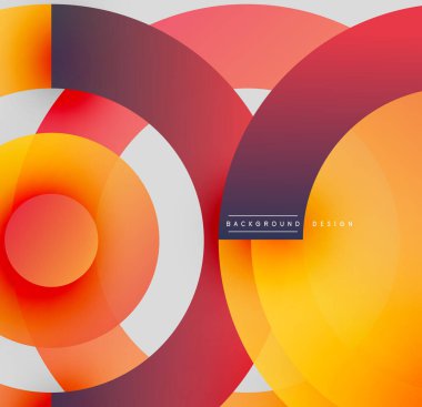 Soyut daireler örtüşüyor, canlı renk eğimleri yaratıyor. Kırmızı, turuncu, sarı renkler tasarımda baskın. Modern, dinamik kompozisyon.