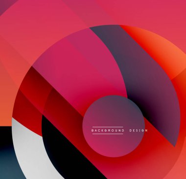 Soyut tasarım özellikleri üst üste binen daireler, gradyanlar. Kırmızı, turuncu, mor renkler kompozisyona hakim. Modern estetik.