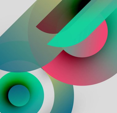 Soyut kompozisyon. Üst üste binen daireler, gradyanlar dinamik görsel efekt yaratır. Teal, kırmızı, gri baskın palet. Modern tasarım.