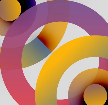 Soyut kompozisyon. Üst üste binen daireler dinamik görsel efekt yaratır. Sıcak, serin renkler harmanlanır, modern tasarım oluşturulur.