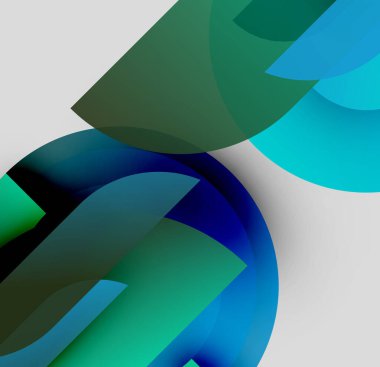 Soyut şekiller üst üste biniyor, katmanlı mavi, yeşil renkler yaratıyor. Minimalist tasarım, pürüzsüz eğimler, modern estetik. Açık gri arkaplan karşıtlık sağlar.