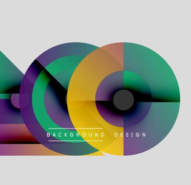 Soyut daireler örtüşüyor, canlı renk eğimleri yaratıyor. Modern tasarım elementleri dinamik görsel kompozisyon önerir.