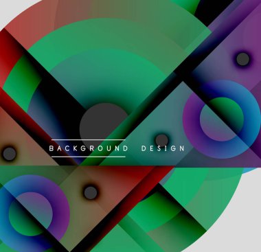 Soyut geometrik bileşim. Üst üste binen daireler, dikdörtgenler canlı renk değişimleri yaratır. Modern tasarım elementleri dinamik görsel deneyim önerir.