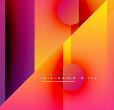 Soyut gradyanlar, geometrik şekiller, canlı renkler modern arkaplan tasarımı yaratır. Çemberler, dikdörtgenler dinamik bileşim oluşturur.