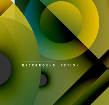 Soyut tasarım özellikleri üst üste binen daireler, gradyanlar. Sarı, yeşil, siyah renkler modern görsel etki yaratır. Basit metin etiketleri arka plan, tasarım.