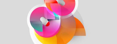 Soyut şekiller örtüşür, canlı renk karışımları yaratır. Pembe, turuncu, deniz mavisi renkleri nötr arka plana hakim. Modern tasarım elemanları.