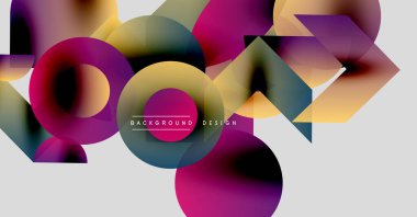 Soyut renkli şekiller üst üste binerek dinamik eğim kompozisyonu oluşturur. Modern tasarım öğeleri yaratıcılığı ve yeniliği önerir.