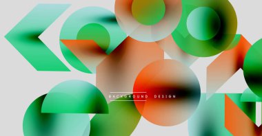 Soyut geometrik şekiller çakışıyor. Canlı yeşil, turuncu renkler tasarımda baskın. Modern arkaplan pürüzsüz gradyanlar, dinamik bileşimler içerir.