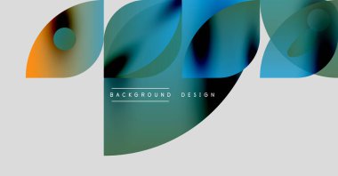 Soyut sıvı şekilleri üst üste binerek dinamik bileşim oluşturur. Renkler turuncu, deniz mavisi, açık gri arka plan. Modern tasarım ögesi.
