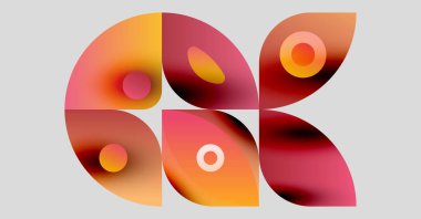 Soyut şekiller örtüşüyor, canlı renk değişimleri yaratıyor. Sıcak tonlar kompozisyona hakim, modern tasarım elementleri.