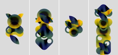 Soyut şekiller örtüşür, renkli kompozisyonlar yaratır. Sarı, yeşil, mavi katmanlı tasarımlarla harmanlanmış. Minimalist tarz, modern estetik.