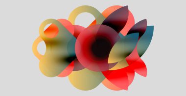 Soyut kompozisyon. Üstüste binen yarı saydam şekiller canlı renk karışımları yaratır. Yumuşak eğimler hareket ve derinlik olduğunu gösteriyor. Minimalist tasarım.