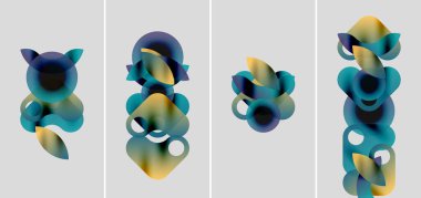 Soyut şekiller, katmanlı gradyanlar, mavi renkli şema. Dört panel evrimleşen formları, pürüzsüz geçişleri, modern tasarımı gösteriyor.