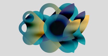 Üstüste binen şeffaf daireler içeren soyut bir kompozisyon. Renkler mavi, sarılar yeşil, dinamik görsel efektler. Minimalist tasarım.