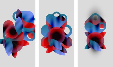 Soyut sanat eserleri. Üç panel üst üste binen mavi, kırmızı şekilleri gösteriyor. Yumuşak eğimler derinlik ve doku yaratır. Minimalist tasarım, modern estetik.