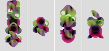 Soyut renkli şekiller örtüşür, dinamik kompozisyonlar oluşturur. Dört panel varyasyonları gösteriyor, gradyanlar mevcut. Minimalist tasarım.