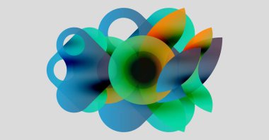 Üstüste binen şeffaf daireler içeren soyut bir kompozisyon. Renkler mavi, yeşiller, portakallar dinamik görsel efekt yaratır. Yumuşak eğimler baskın gelir.