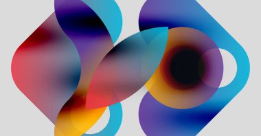 Soyut sıvı şekilleri örtüşür, canlı renk karışımları yaratır. Yumuşak eğimler hareket, derinlik ve modern tasarım estetiğini akla getiriyor.